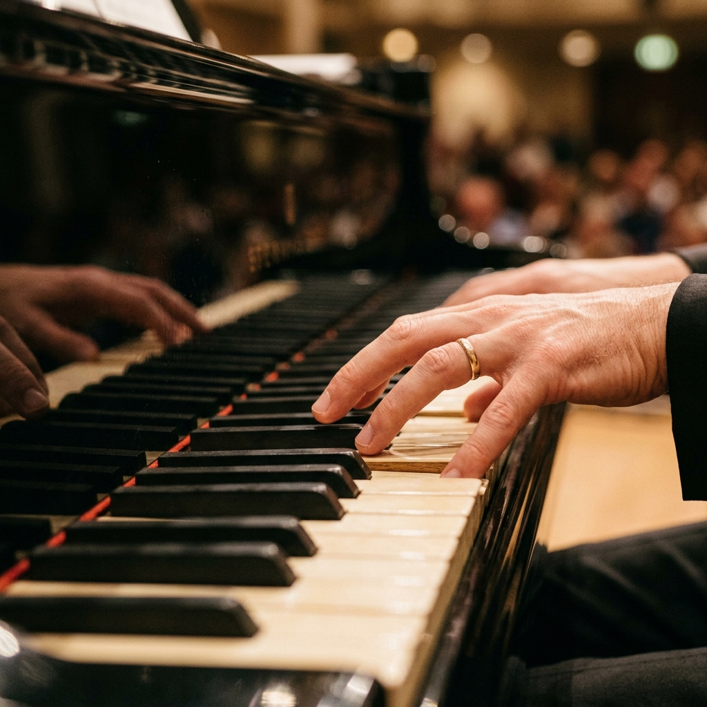 Close up shot of piano keys showing the depth and mechanism required for proper technique